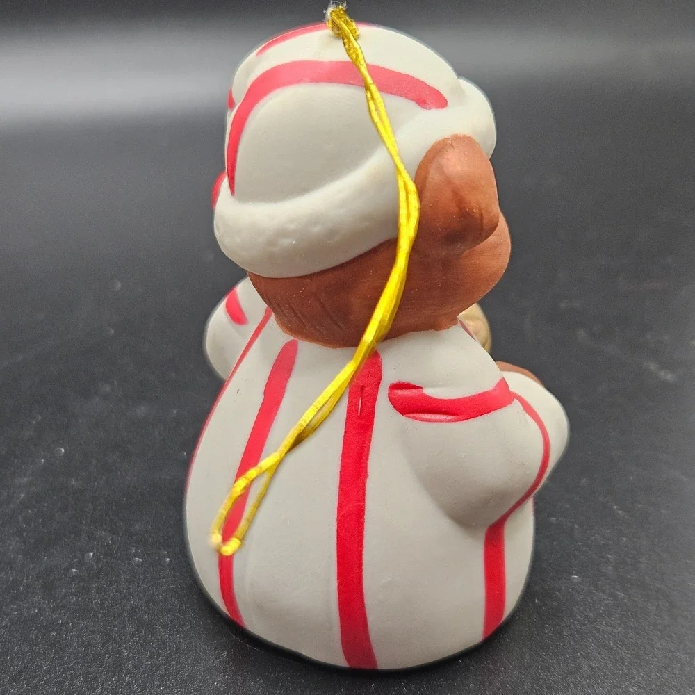 Vintage 1985 Giftco Teddy Bear Bell Christmas Ornament Peppermint Suit
